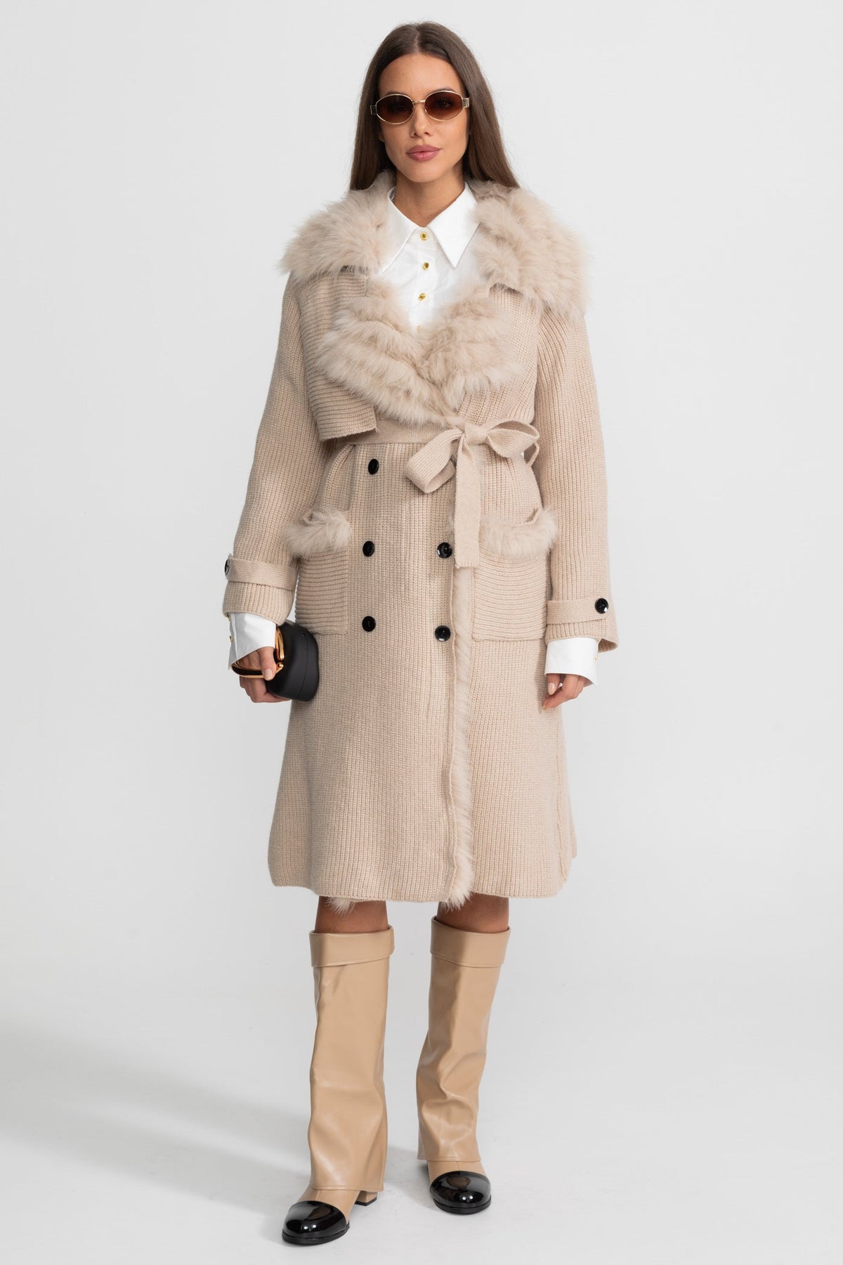 Double-Breasted Wool Knit Belted Overcoat with Collar Trim – Beige