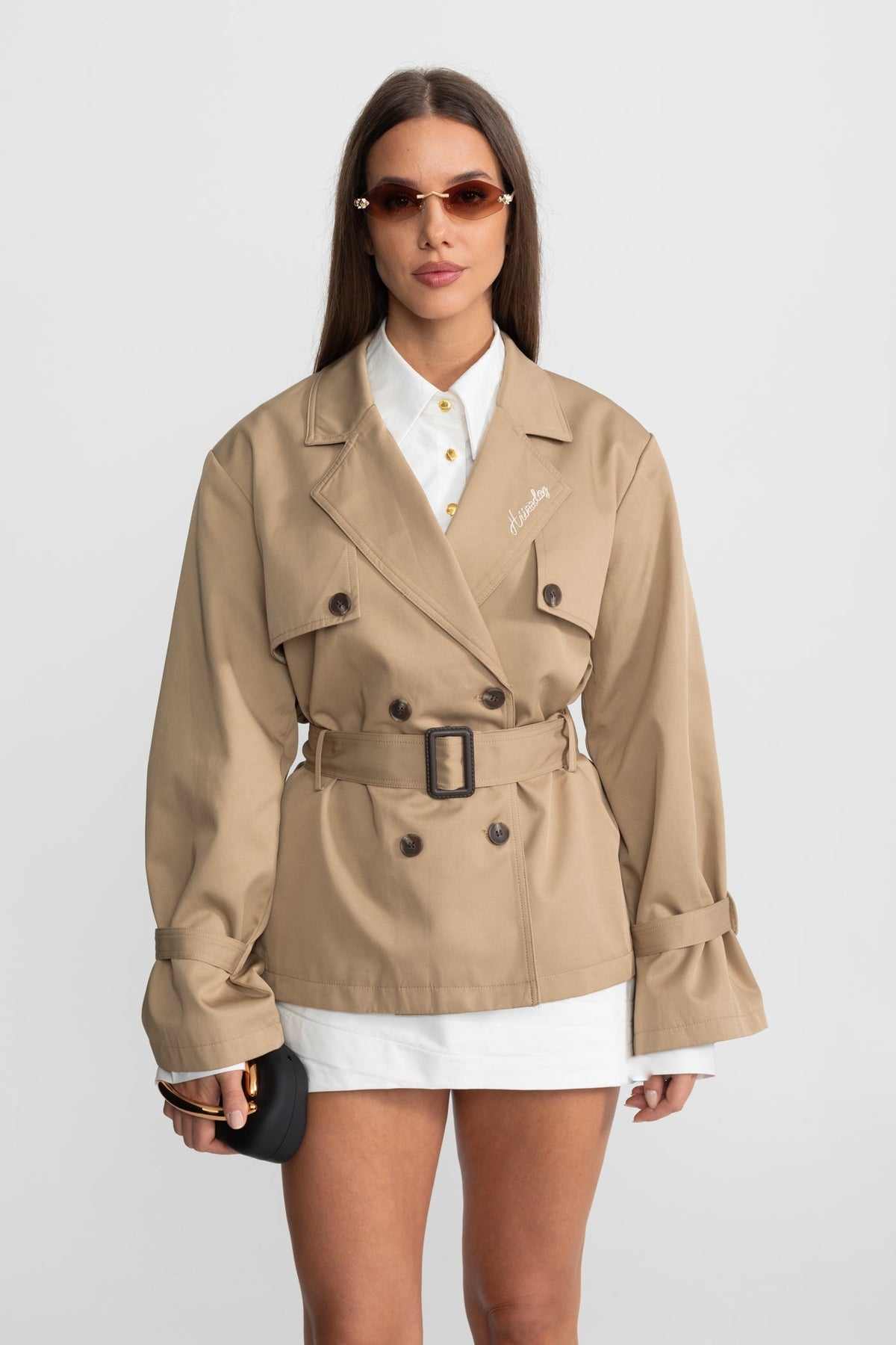 Cropped Double-Breasted Trench Jacket with Belted Waist – Camel – view 2
