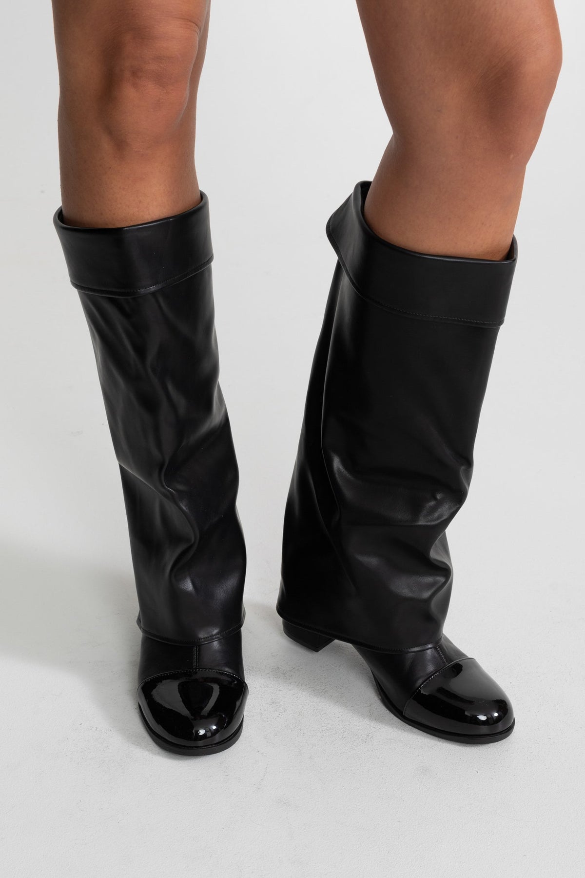 Folded Cuff Knee-High Boots with Patent Cap Toe – Black