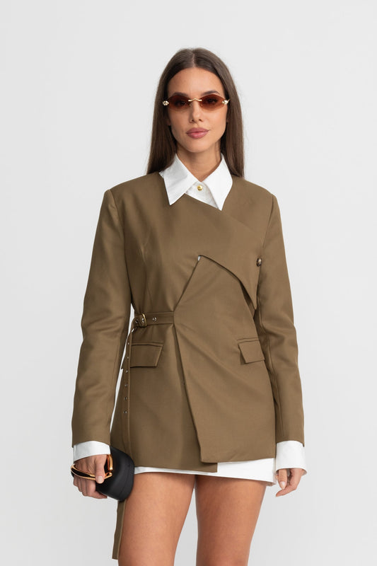 Asymmetric Structured Blazer with Side Buckle Detail – Olive