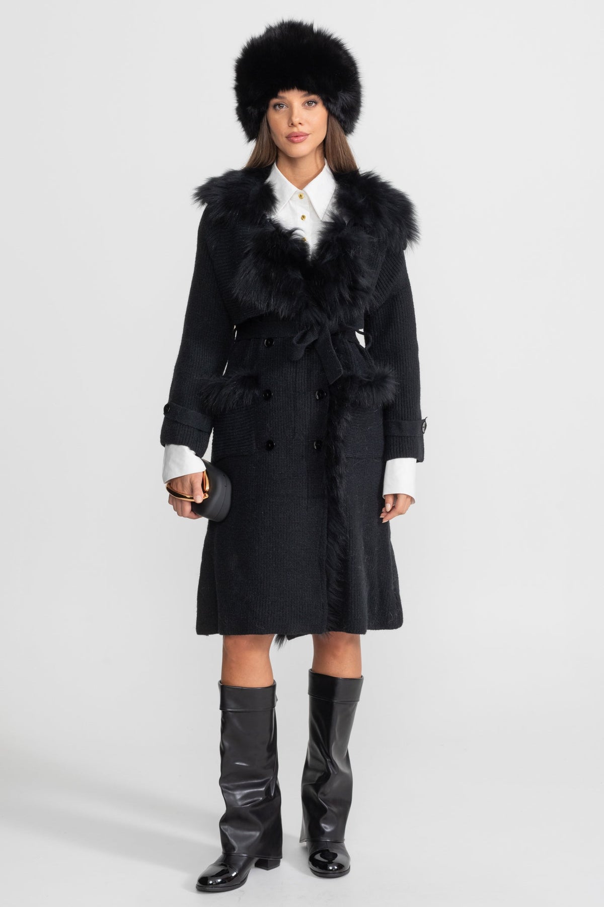 Double-Breasted Wool Knit Belted Overcoat with Collar Trim – Black – view 1
