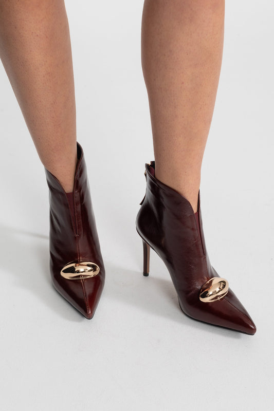 Leather Pointed Toe Ankle Boots with Gold Buckle Detail – Burgundy