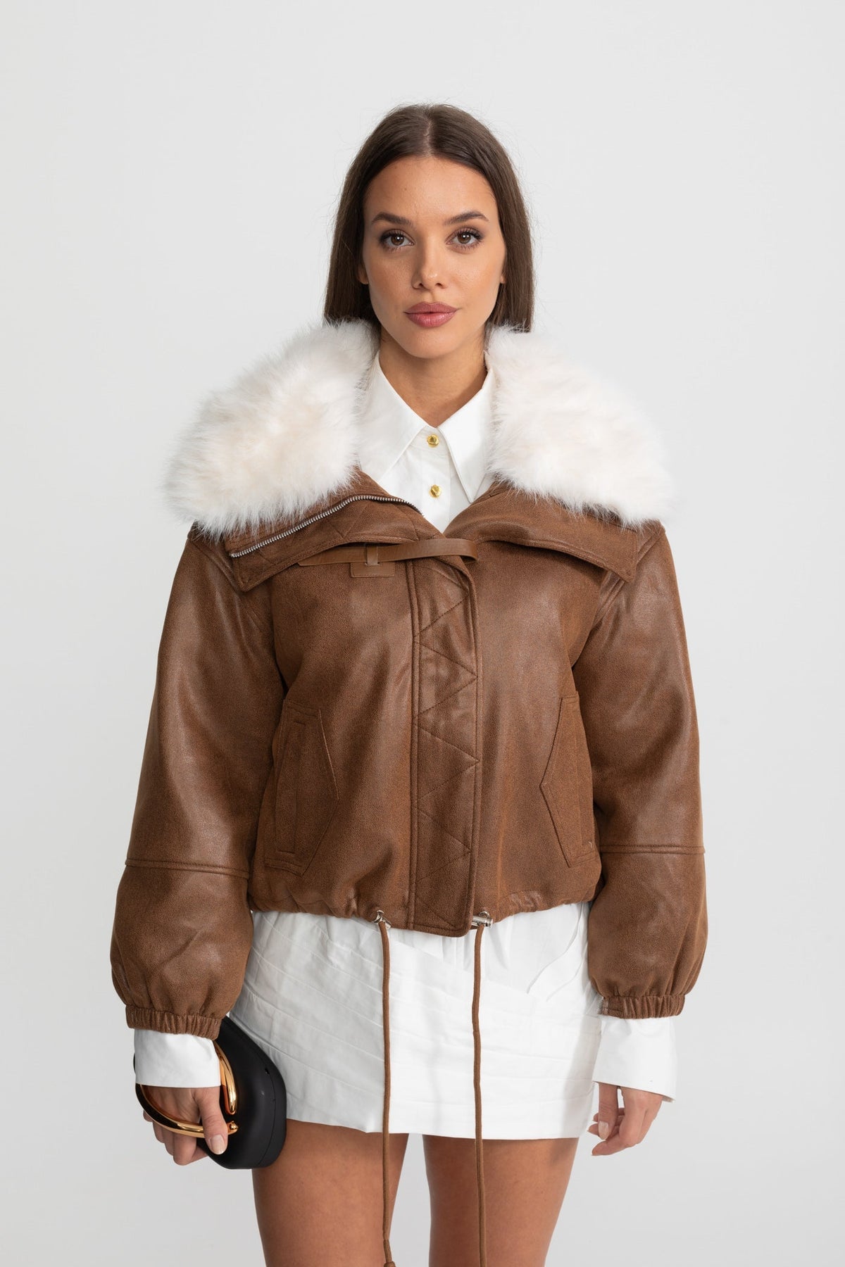 Cropped Suede Jacket with Faux Fur Lapel Collar – Brown