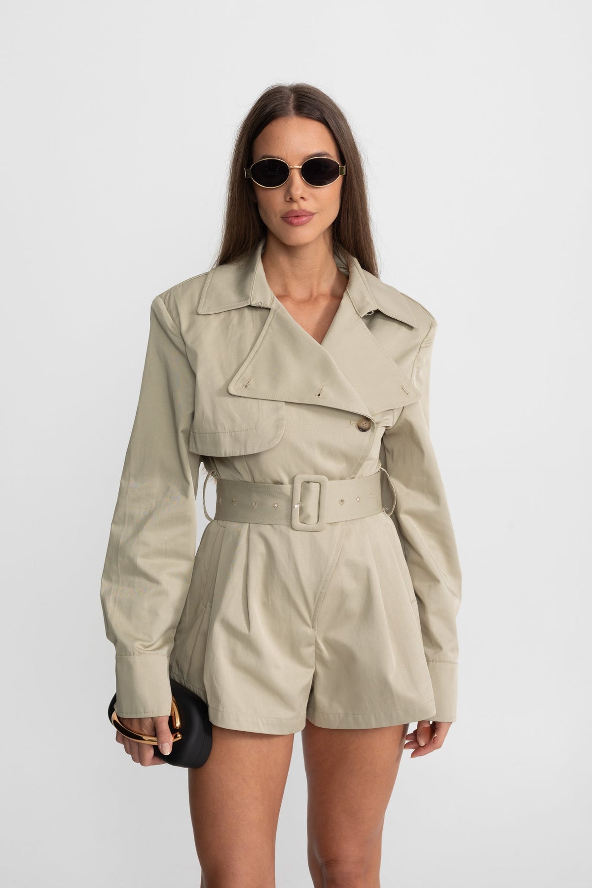 Belted Trench-Style Notched Lapel Jumpsuit – Beige