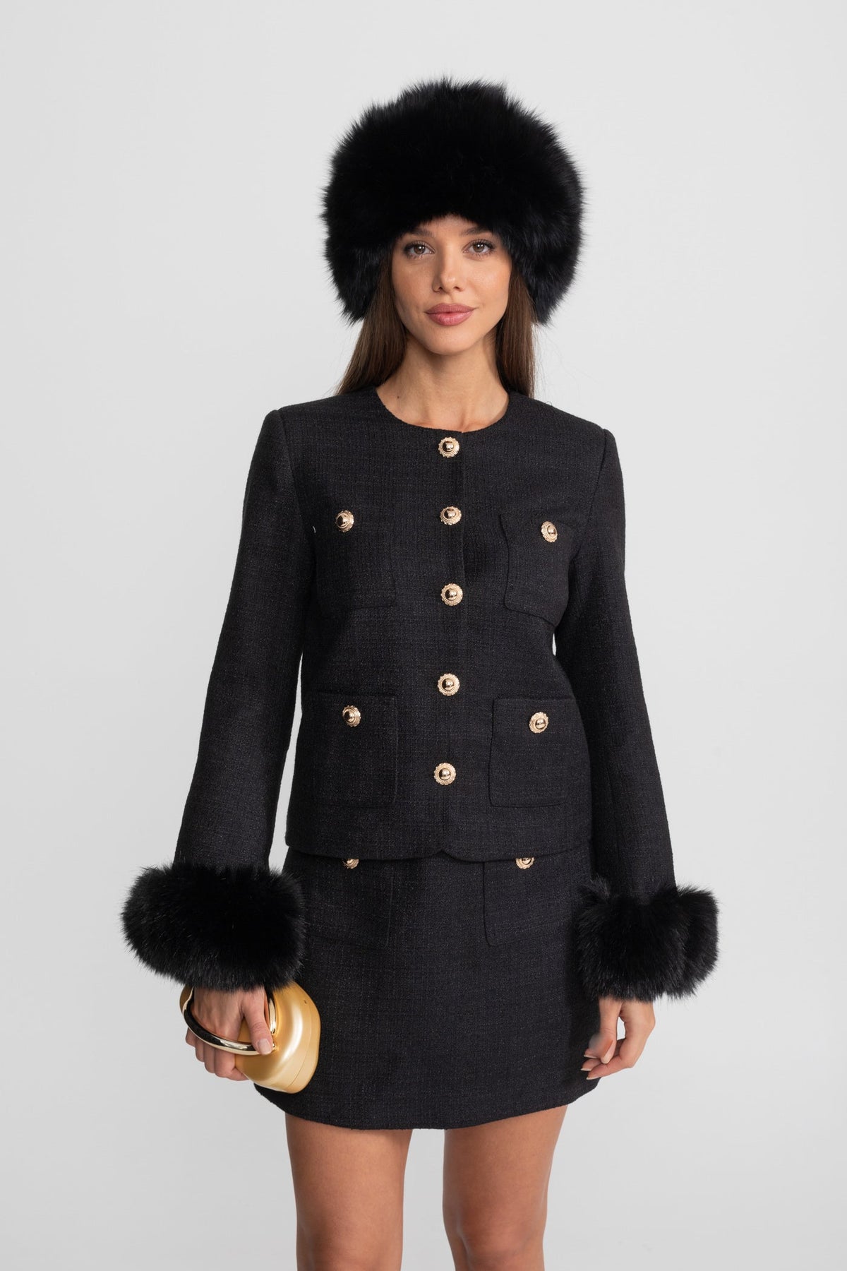 High Waisted A-Line Tweed Mini Skirt with Gold Buttons – Black – view 7