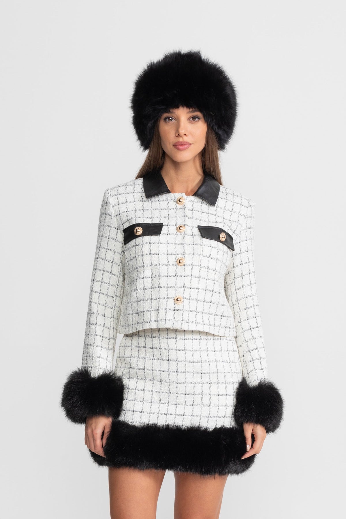 Check Tweed Faux Fur Trim Mini Skirt Set – White and Black – view 2
