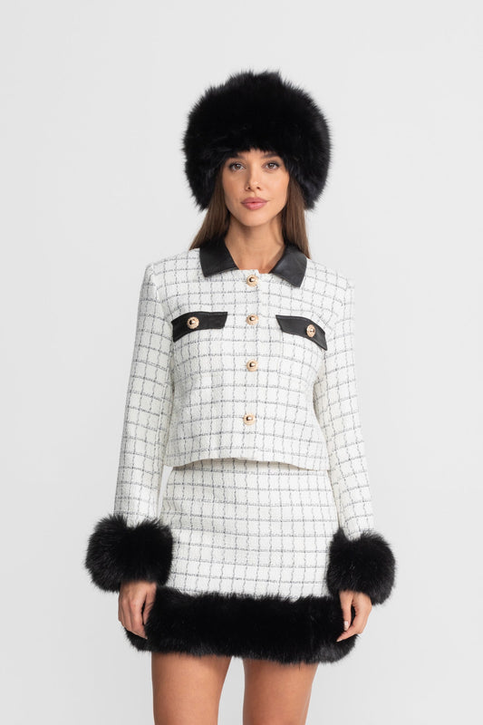 Check Tweed Faux Fur Trim Mini Skirt Set – White and Black – view 2