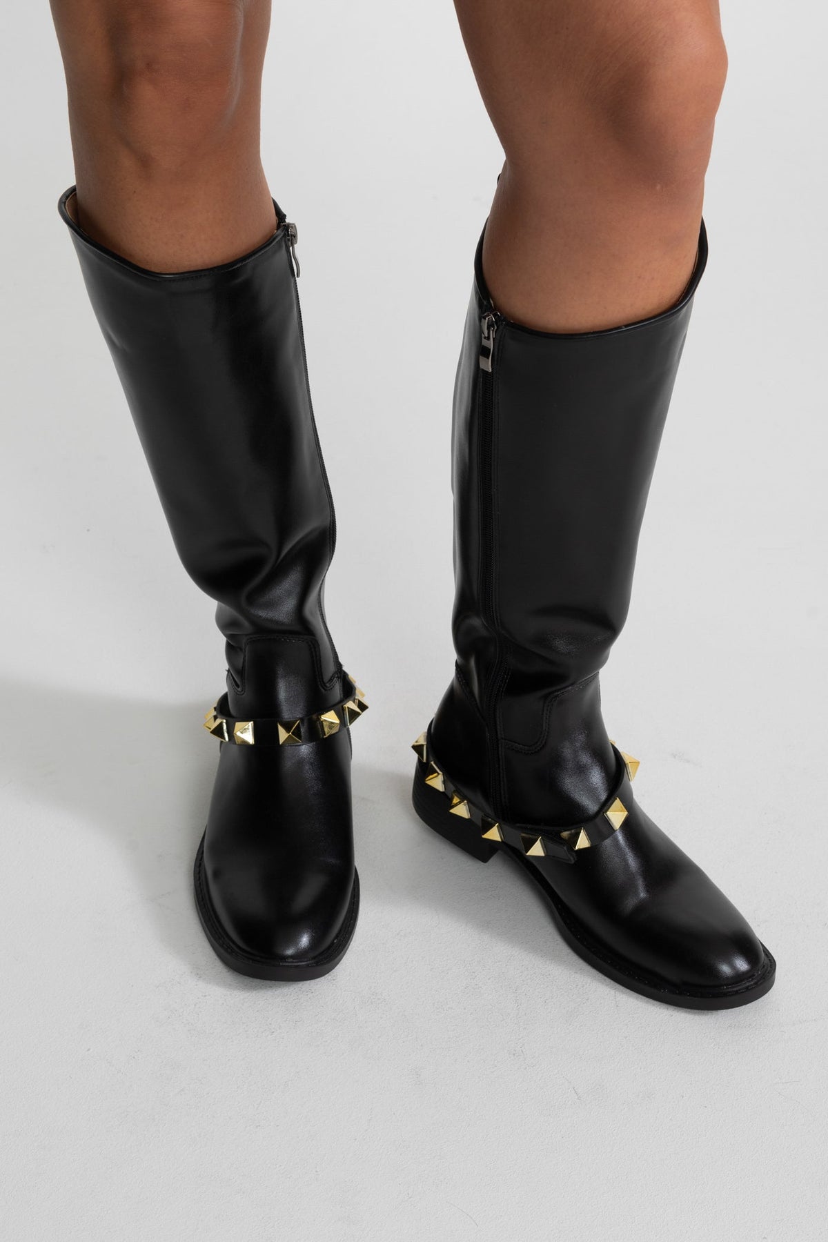 Vegan Leather Knee-High Boots with Detachable Gold Stud Strap – Black
