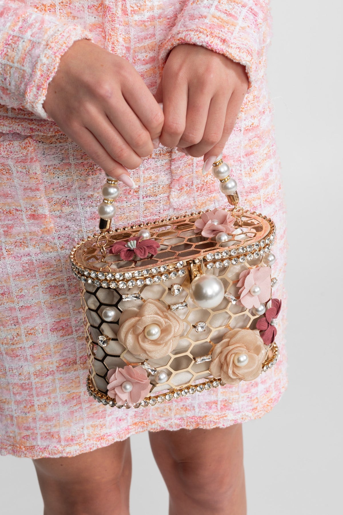 Embellished Floral Box Clutch with Pearl Handle – Gold