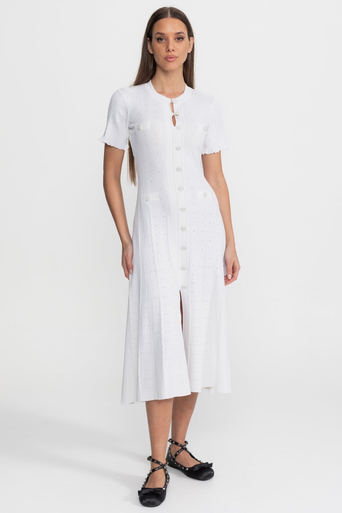Knit Button-Front Midi Dress with Short Scalloped Sleeves – White – view 4