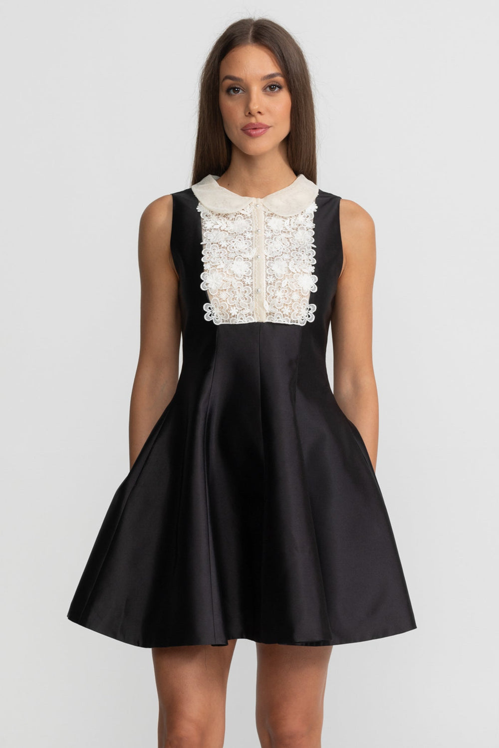 Peter Pan Collar A-Line Mini Dress with Lace Bib – Black
