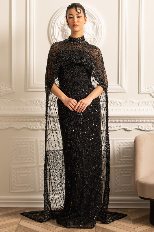 Beaded Sheer Corset Gown with Detachable Veil – Black