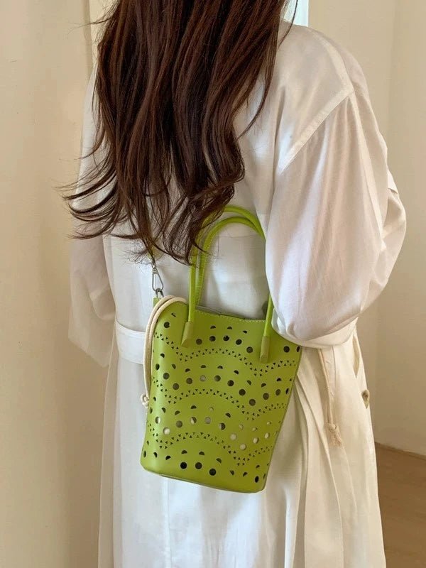 Lara Hollow-Out Drawstring Bucket Bag for Shoulder or Crossbody
