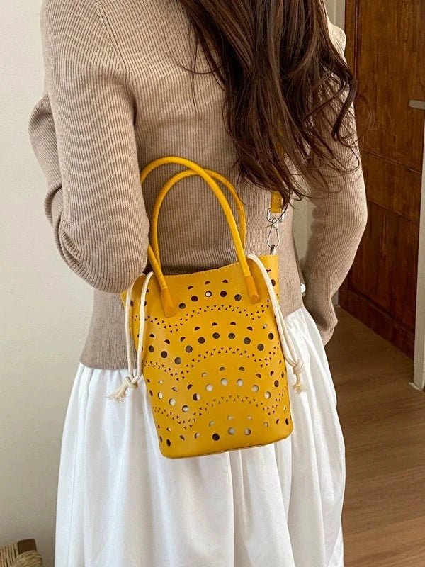Lara Hollow-Out Drawstring Bucket Bag for Shoulder or Crossbody
