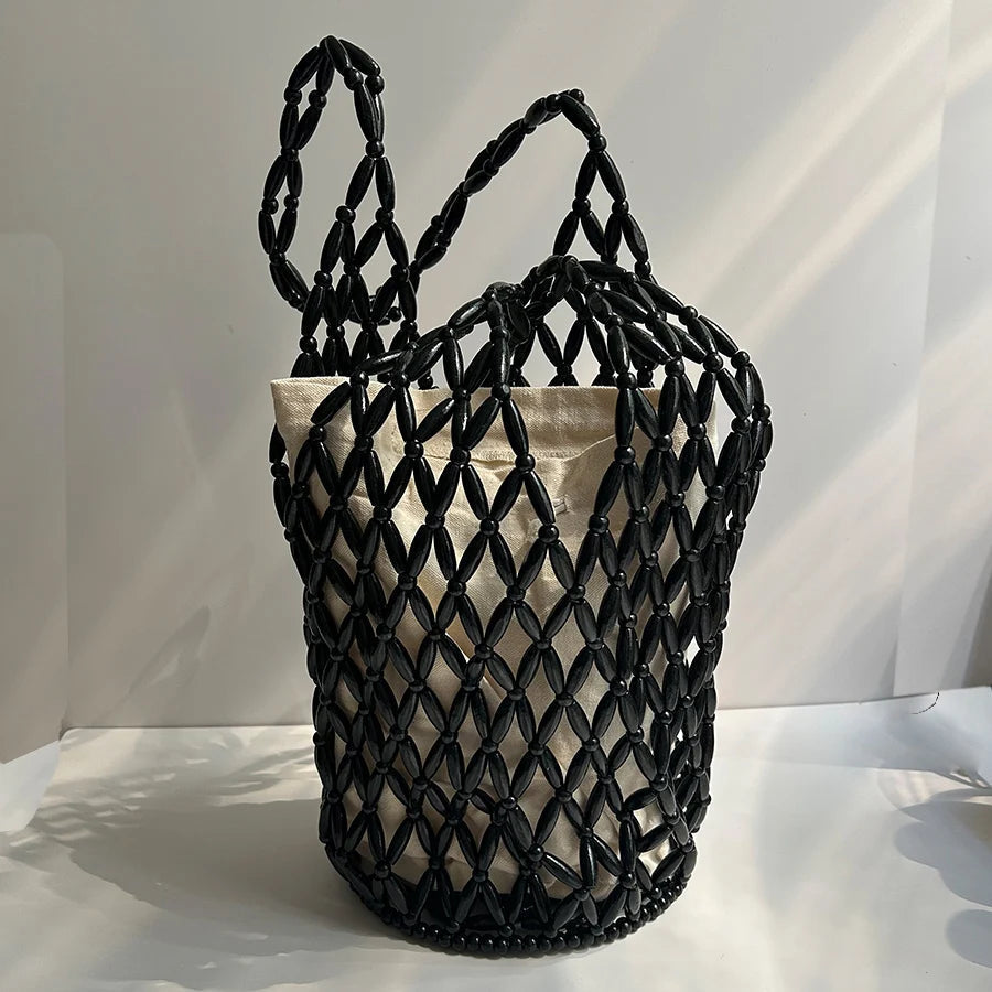 Margot Handmade Woven Bucket Tote with Wooden Bead Accents – view 5