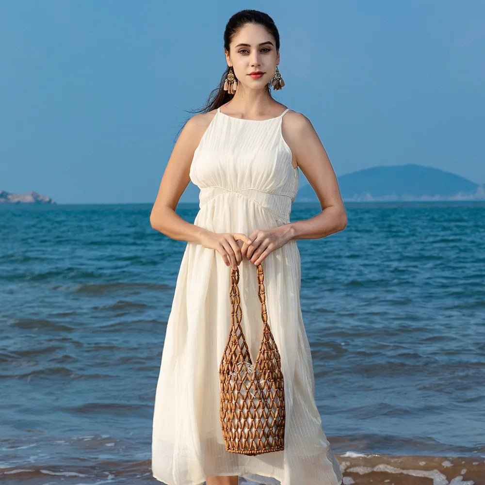 Margot Handmade Woven Bucket Tote with Wooden Bead Accents – view 4