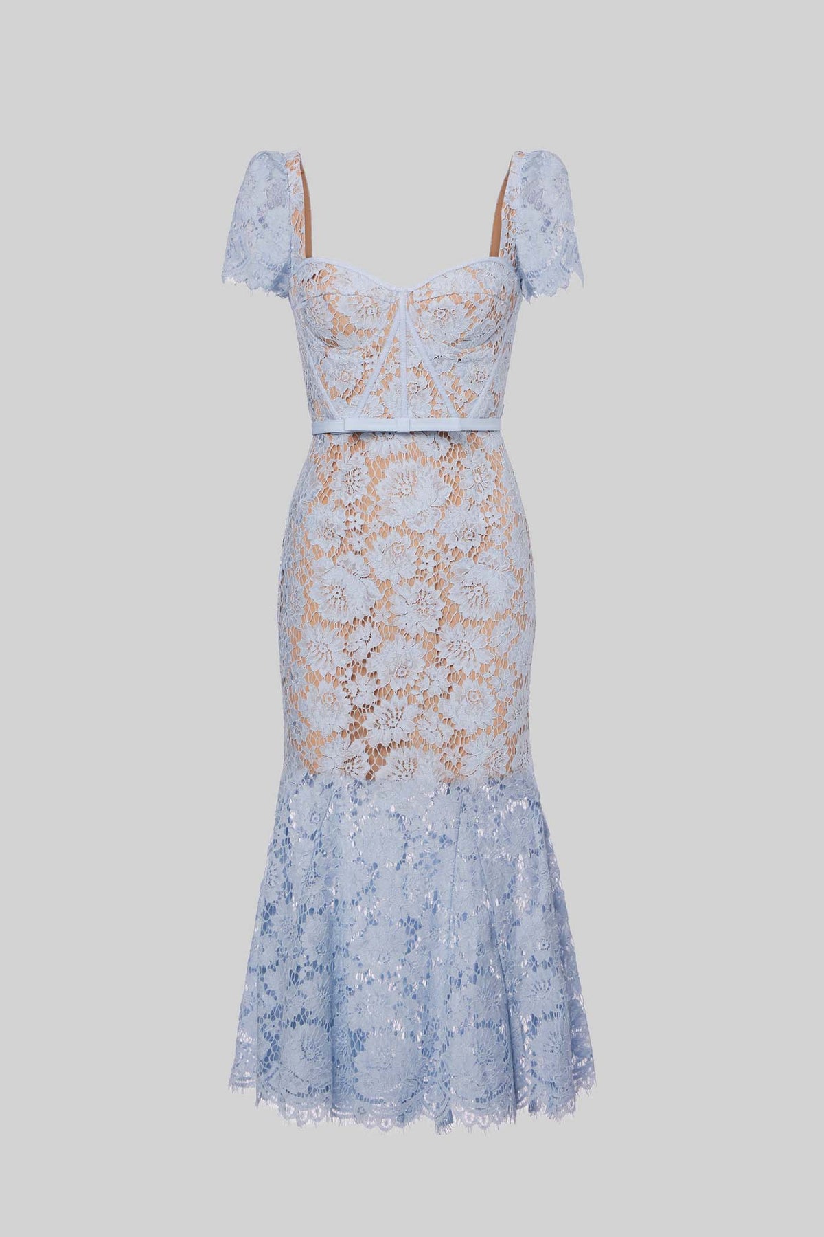 Floral Lace Puff Sleeve Dress with Matching Waist Belt – Blue – view 2