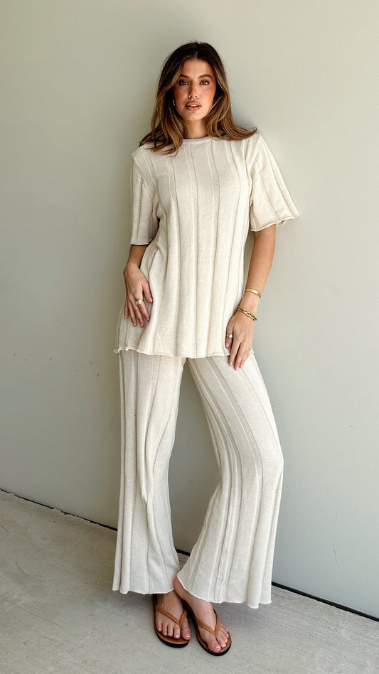 Bayu High Waisted Ribbed Knit Wide Leg Trousers – Cream – view 2