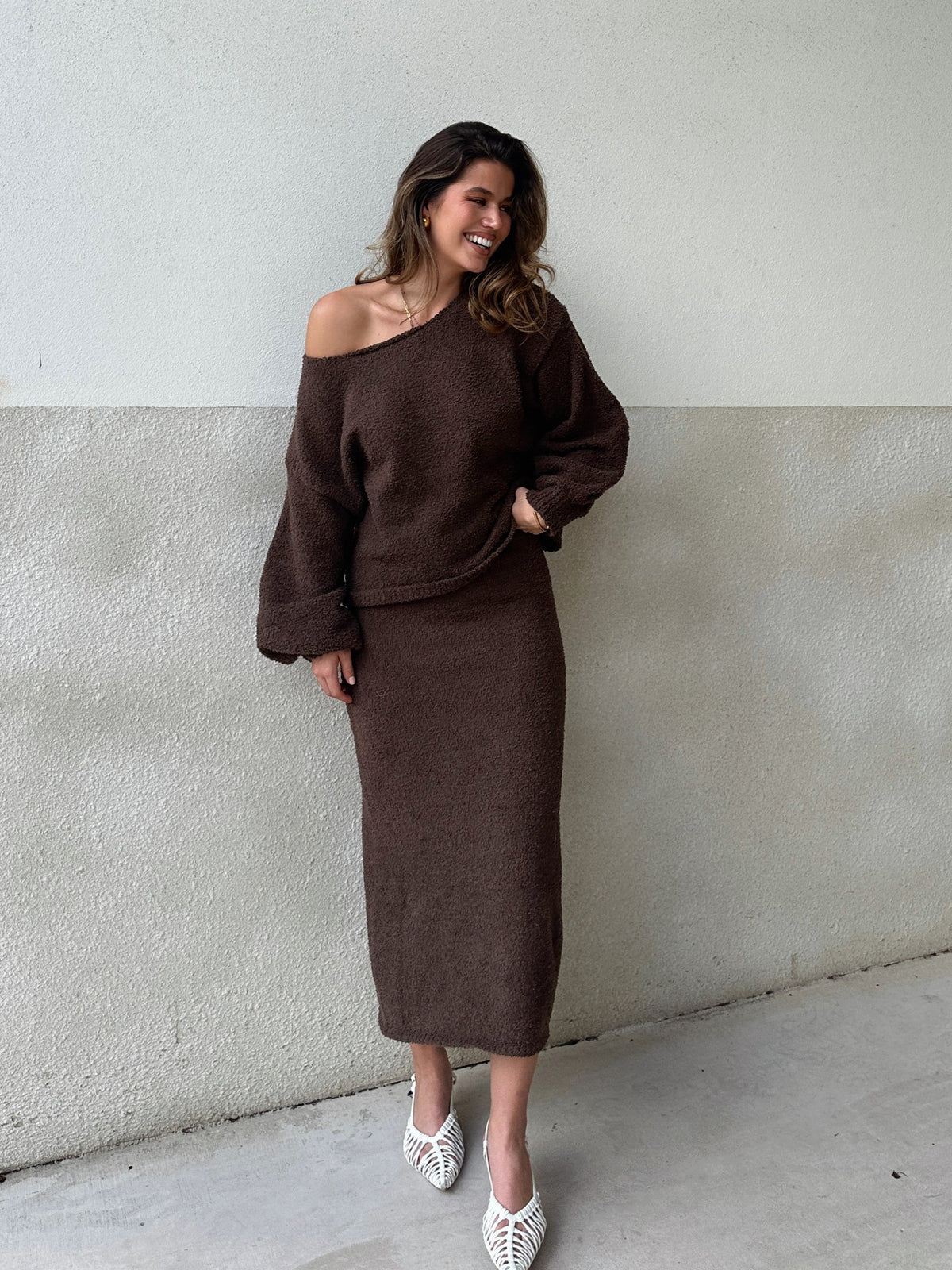 Cohen Elasticated Waist A-Line Knit Midi Skirt – Chocolate – view 12