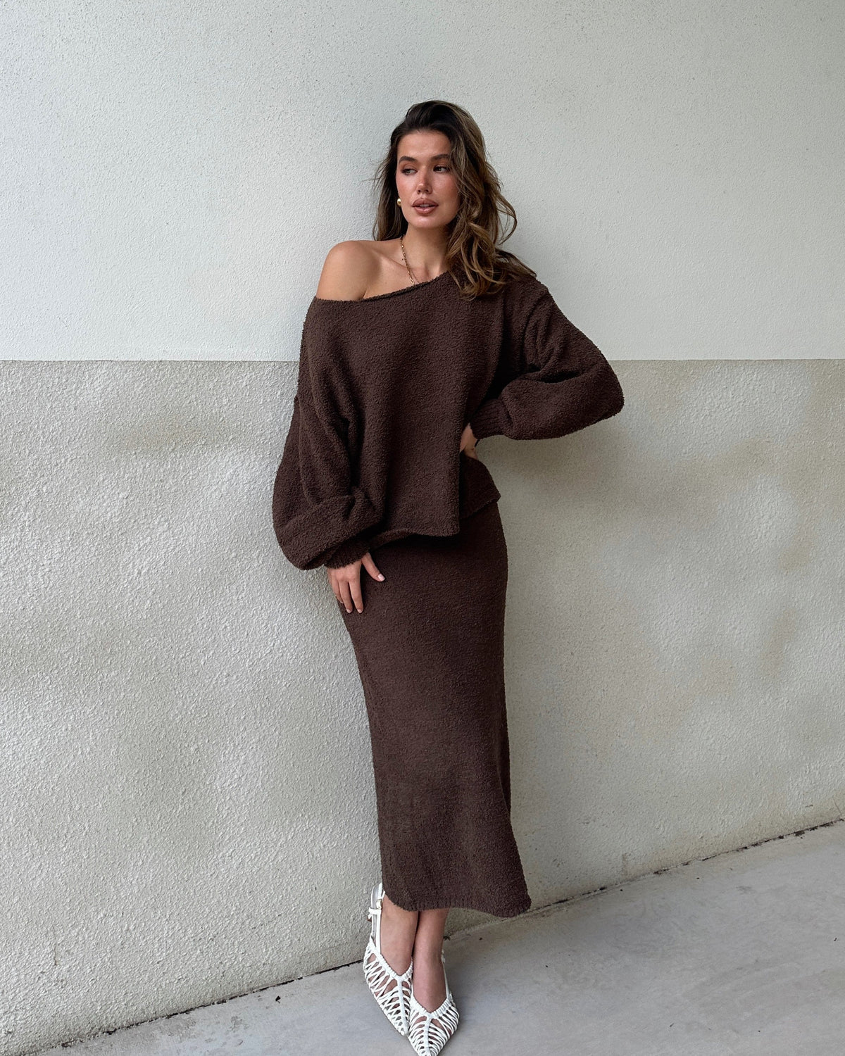 Cohen Elasticated Waist A-Line Knit Midi Skirt – Chocolate – view 6