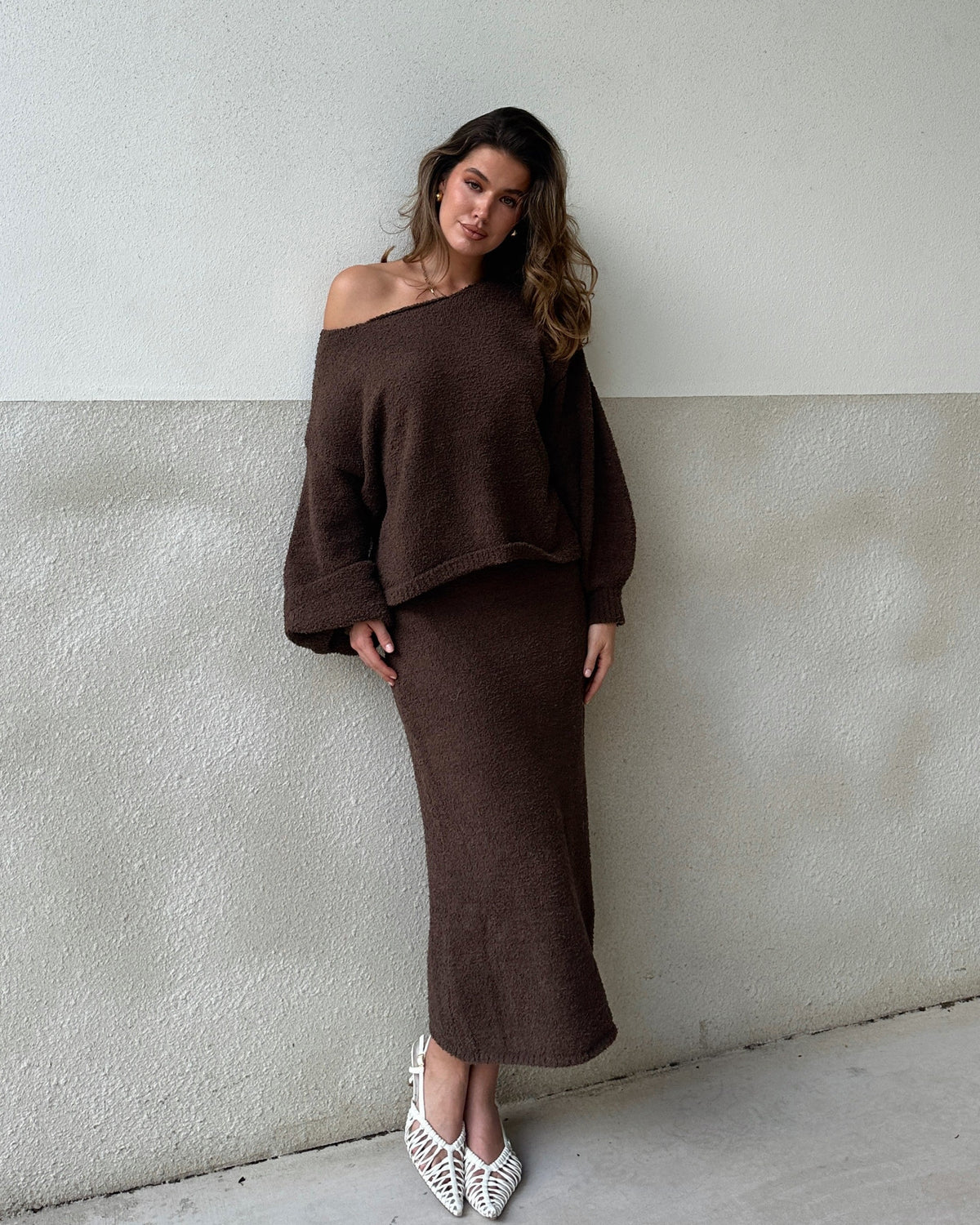 Cohen Elasticated Waist A-Line Knit Midi Skirt – Chocolate – view 3