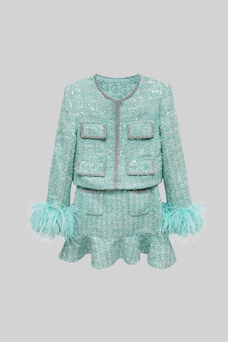 Sparkling Knit Jacket and Ruffle Hem Skirt Set – Mint Green