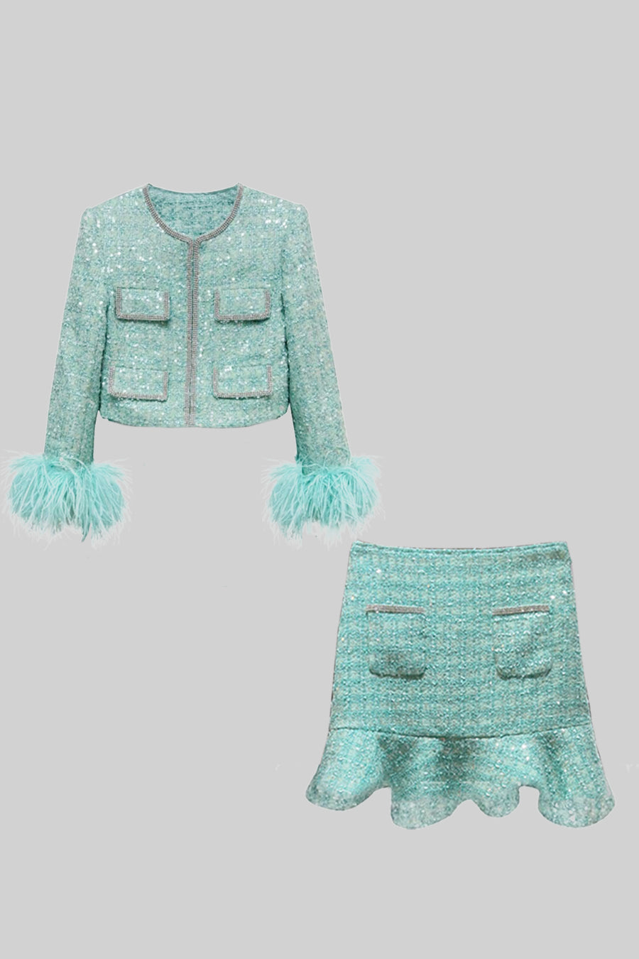 Sparkling Knit Jacket and Ruffle Hem Skirt Set – Mint Green – view 7