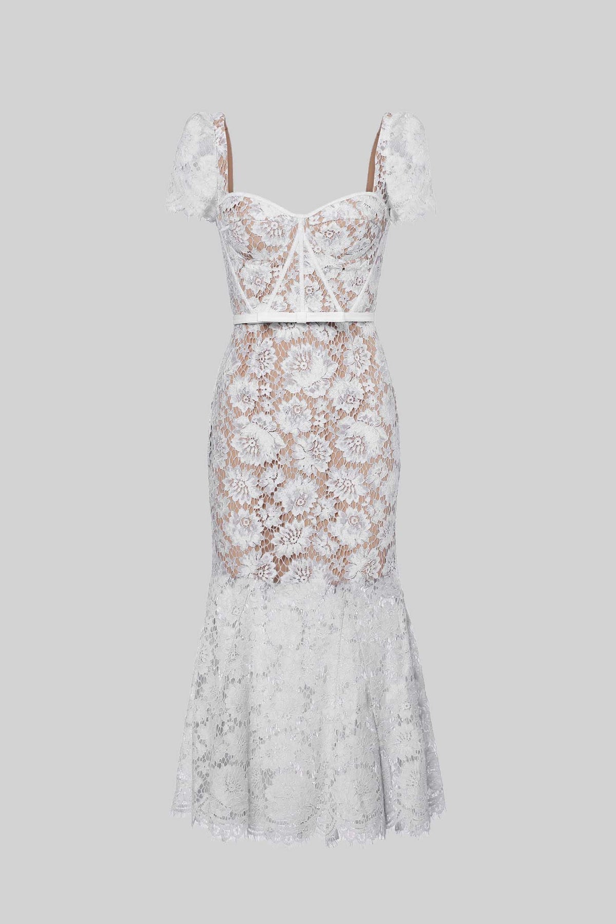 Floral Lace Puff Sleeve Dress with Matching Waist Belt – White – view 5