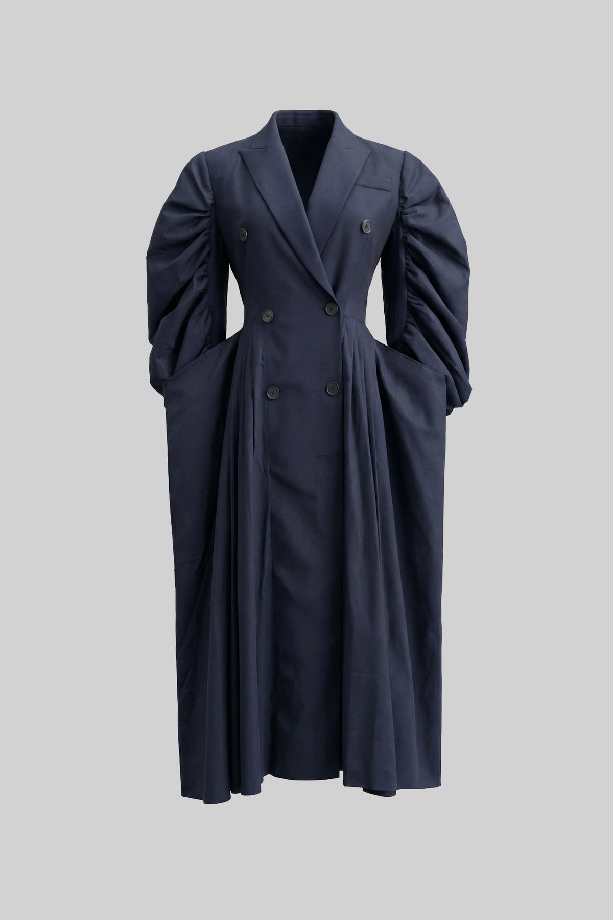 Double Breasted Lapel Midi Dress with Voluminous Sleeves – Navy – view 2