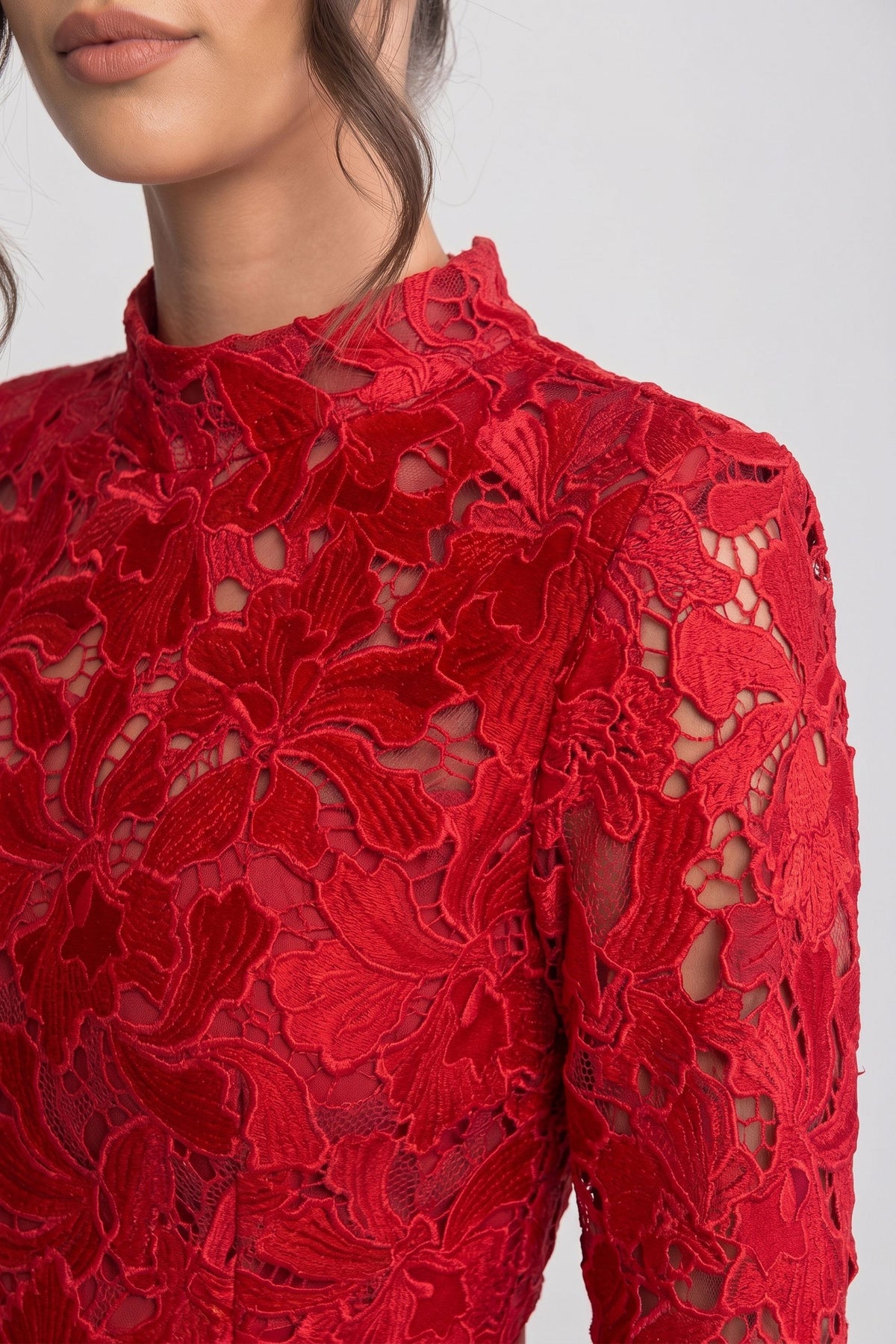 Long Sleeve Floral Lace Mini Dress with High Neck and Scalloped Hem – Red
