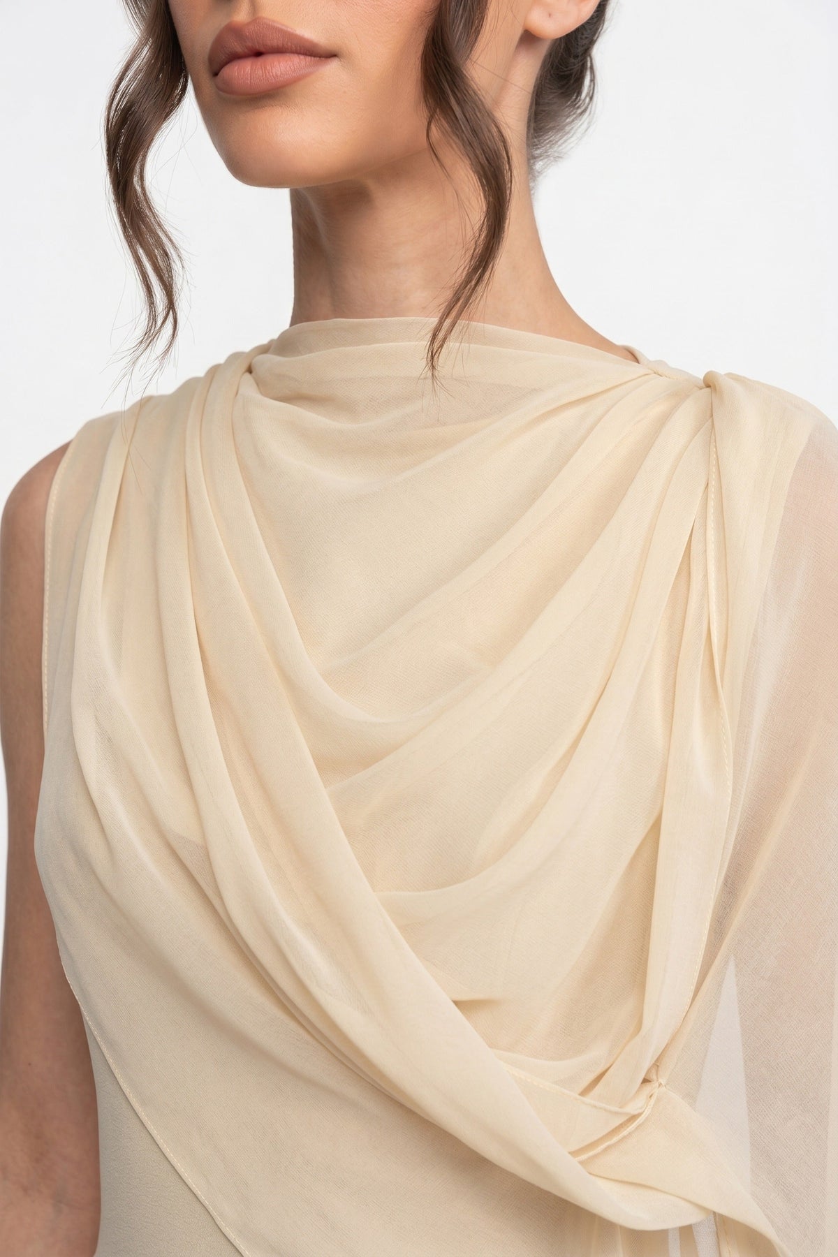 One-Shoulder Draped Maxi Dress with Sheer Scarf Detail – Beige – view 6