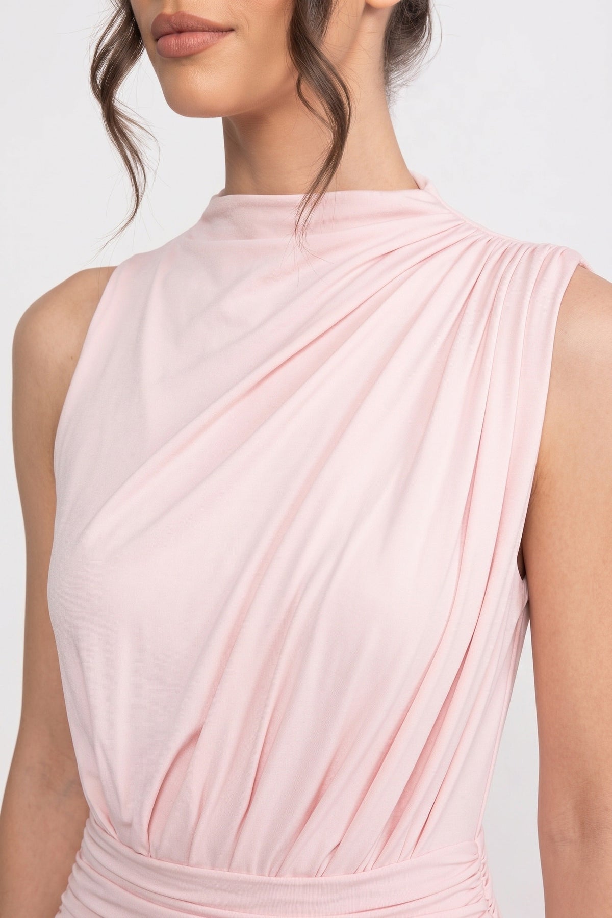 Accordion Pleated Halter Neck Column Maxi Dress with Ruched Waist – Pink – view 3