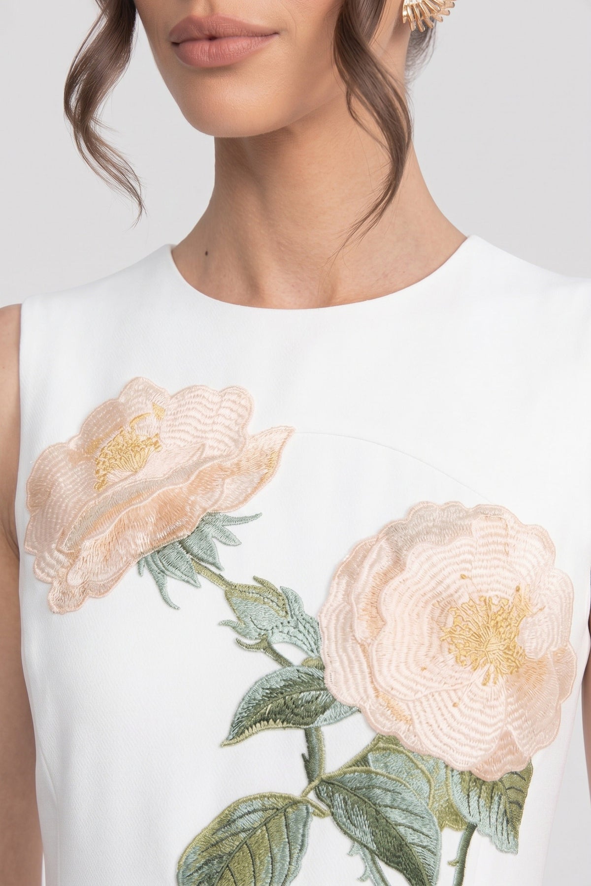 Round Neck Midi Dress with 3D Floral Appliqué and Full Skirt – White