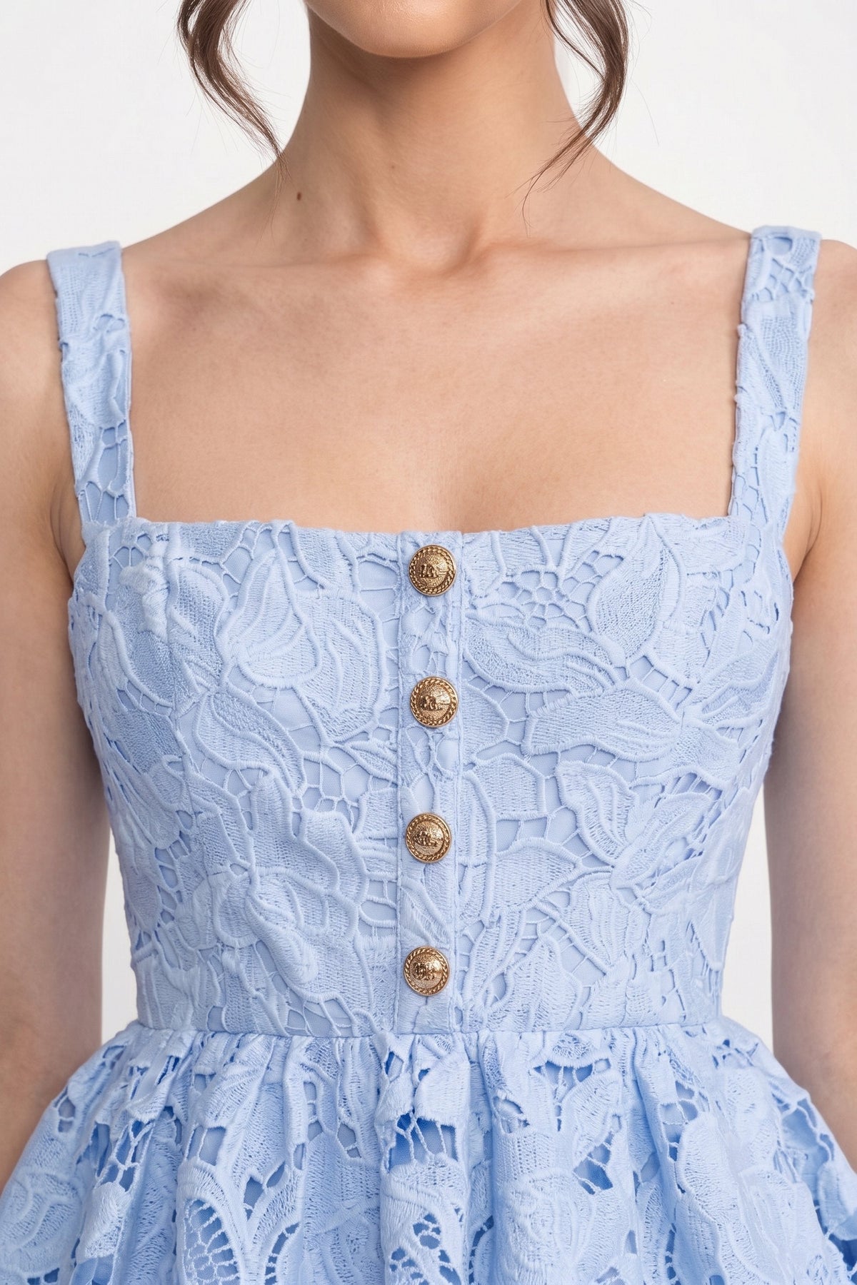 Sleeveless Lace Peplum Midi Dress with Golden Buttons – Blue – view 7