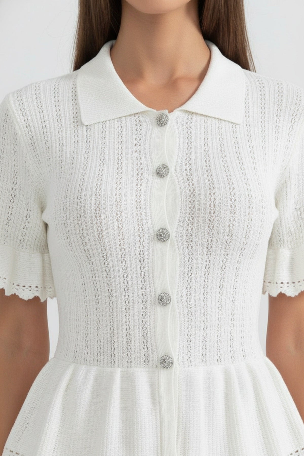 Peter Pan Collar Knit Peplum Maxi Dress with Ruffle Sleeves and Lace Hem – White – view 4