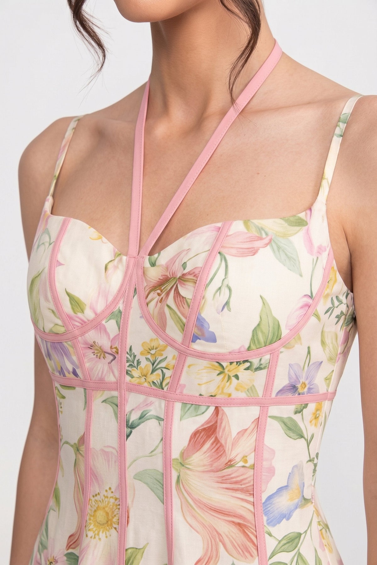 Sweetheart Corset Floral Midi Dress with Ribbon Trim – Multicolour – view 4