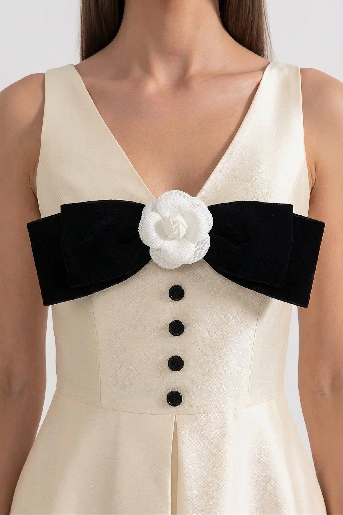 Halter Neck Button Front Maxi Dress with Black Bow and Pockets – White – view 4