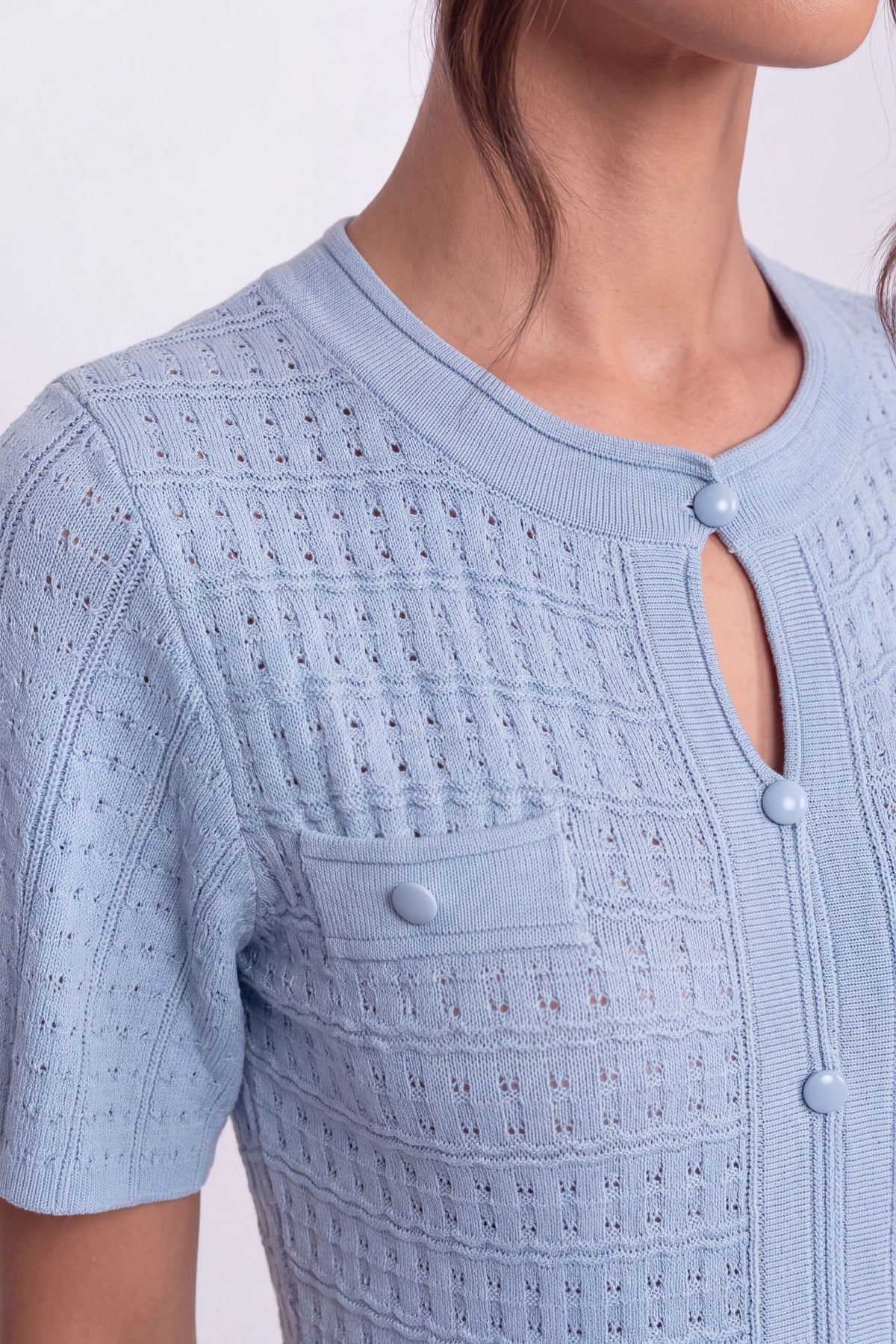 Shimmer Knit Button Front Midi Dress with Pleated Skirt – Light Blue – view 4