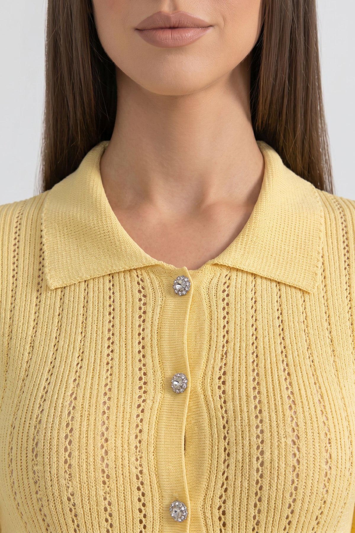 Peter Pan Collar Knit Peplum Maxi Dress with Ruffle Sleeves and Lace Hem – Yellow – view 5