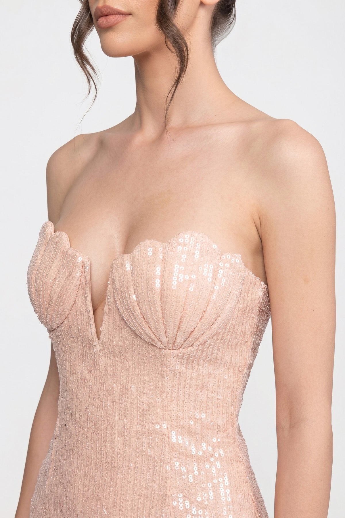 Strapless Sweetheart Sequin Mermaid Gown with Back Slit – Blush – view 7