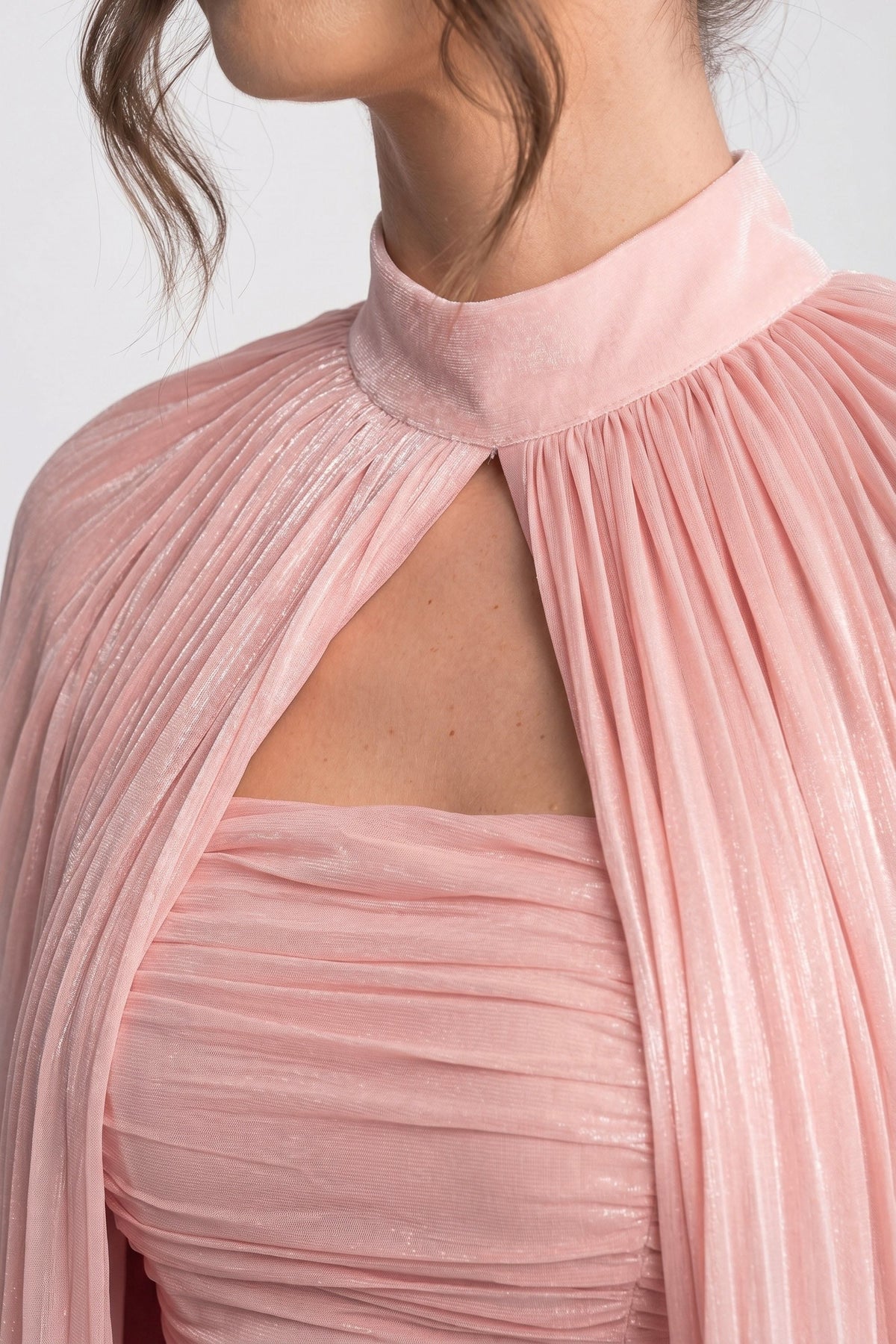High Neck Balloon Sleeve Pleated Trapeze Mini Dress – Pink – view 8