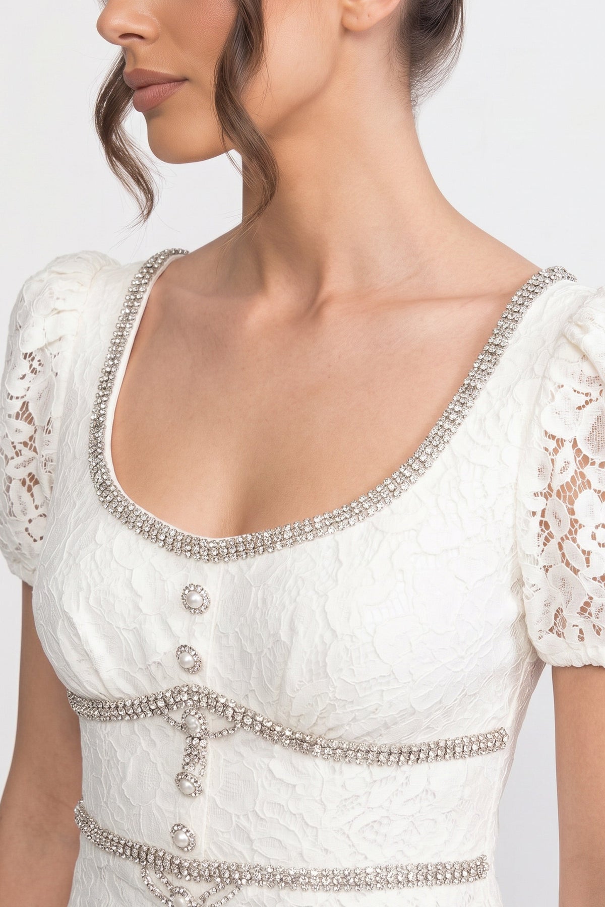 Lace Scoop Neck Puff Sleeve Dress with Button Detail – Ivory – view 4