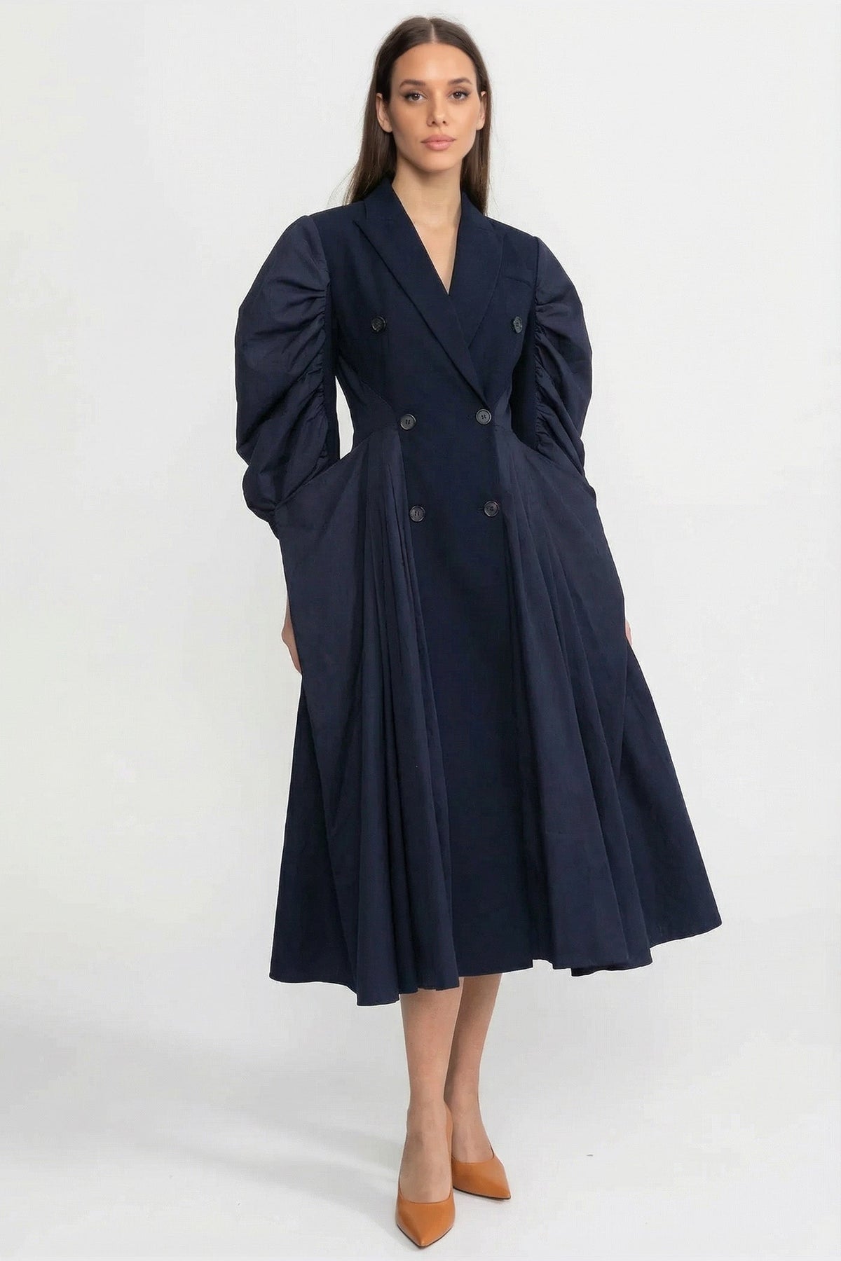 Double Breasted Lapel Midi Dress with Voluminous Sleeves – Navy