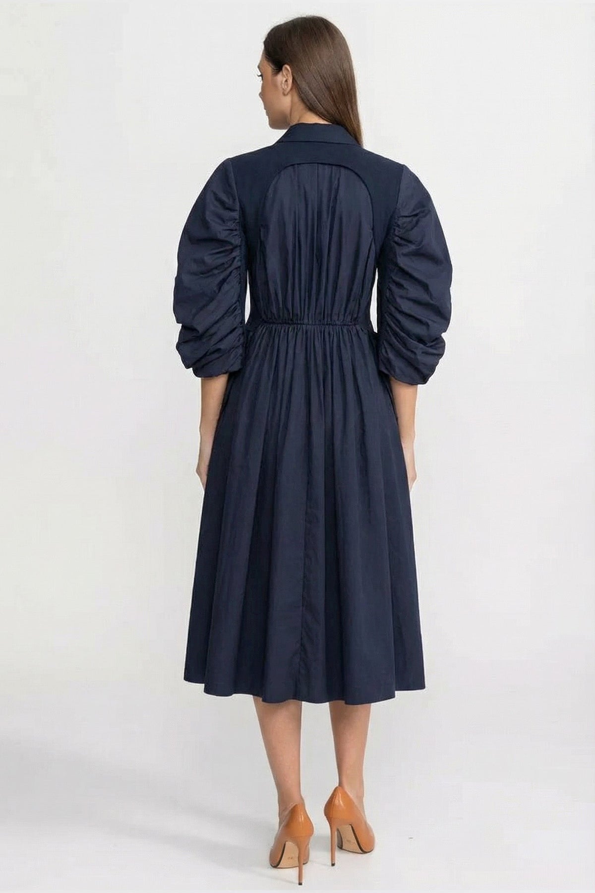 Double Breasted Lapel Midi Dress with Voluminous Sleeves – Navy – view 4