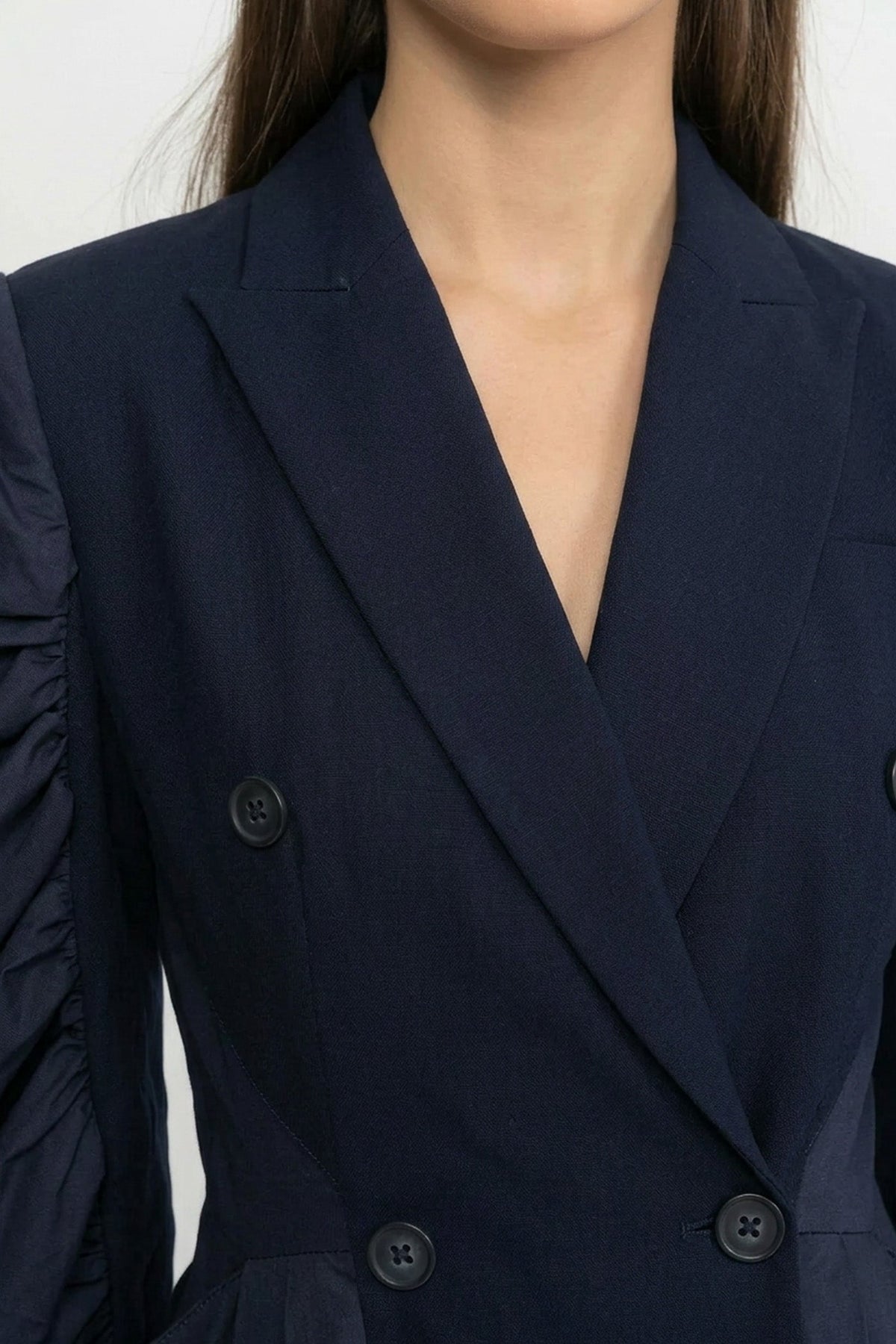 Double Breasted Lapel Midi Dress with Voluminous Sleeves – Navy – view 3