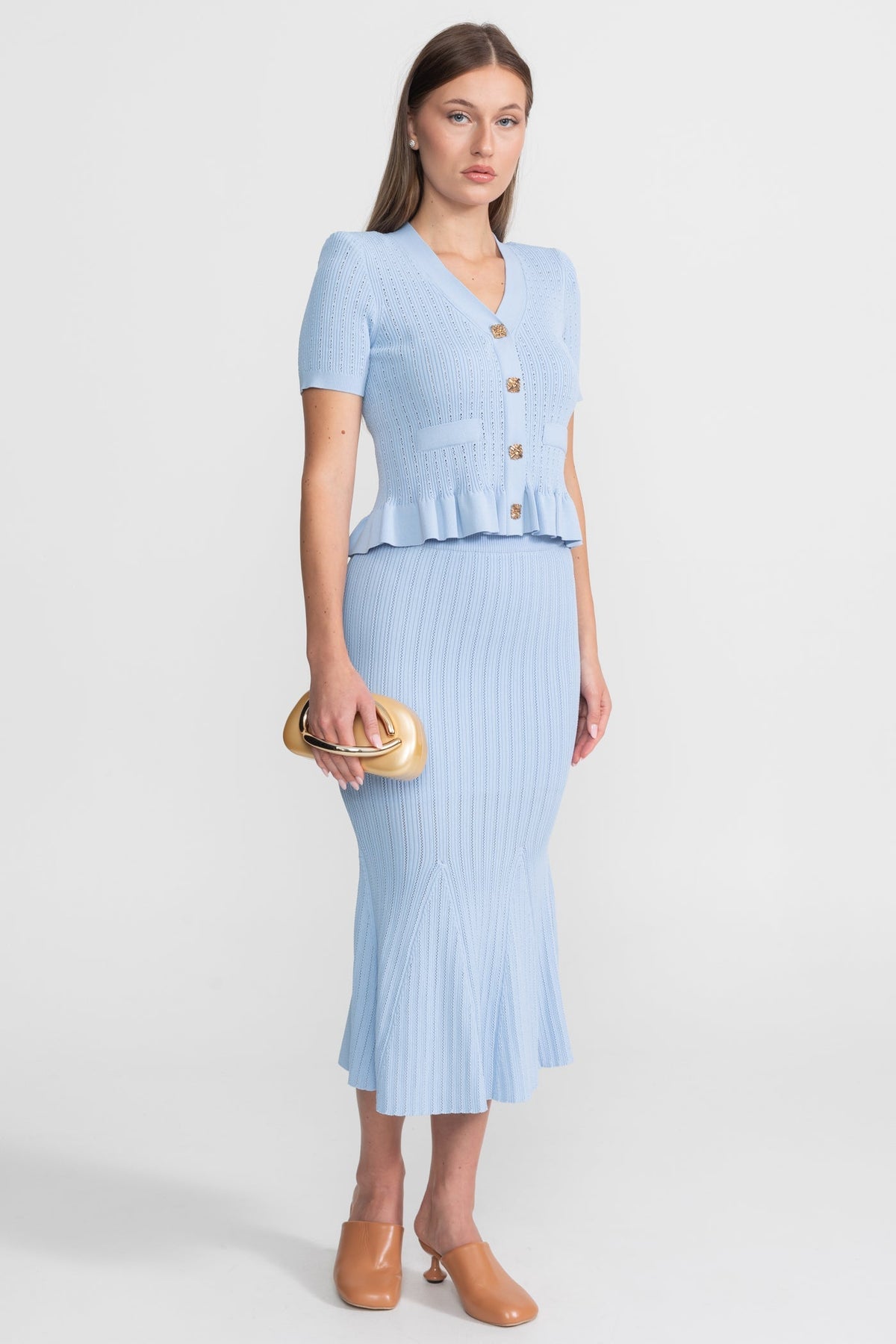 Ribbed Knit Peplum Top and Midi Skirt Co-ord with Gold Buttons – Baby Blue – view 3