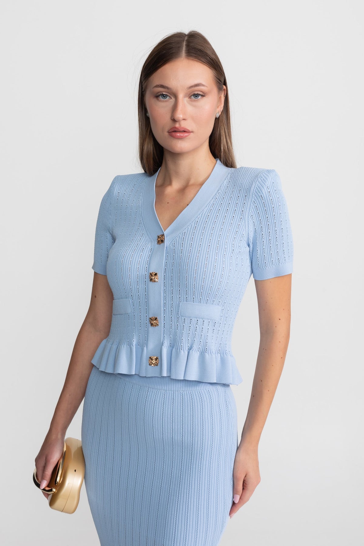 Ribbed Knit Peplum Top and Midi Skirt Co-ord with Gold Buttons – Baby Blue – view 4