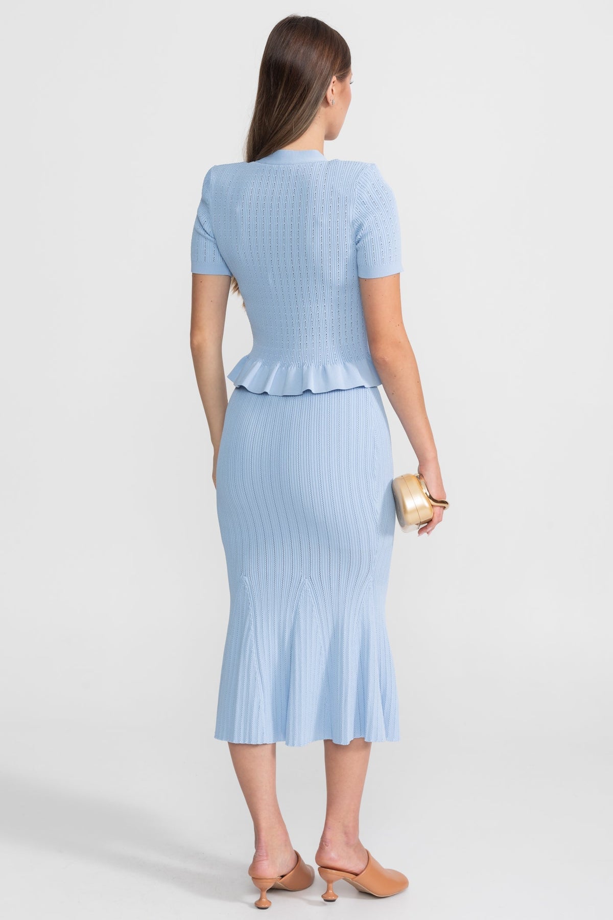 Ribbed Knit Peplum Top and Midi Skirt Co-ord with Gold Buttons – Baby Blue – view 5