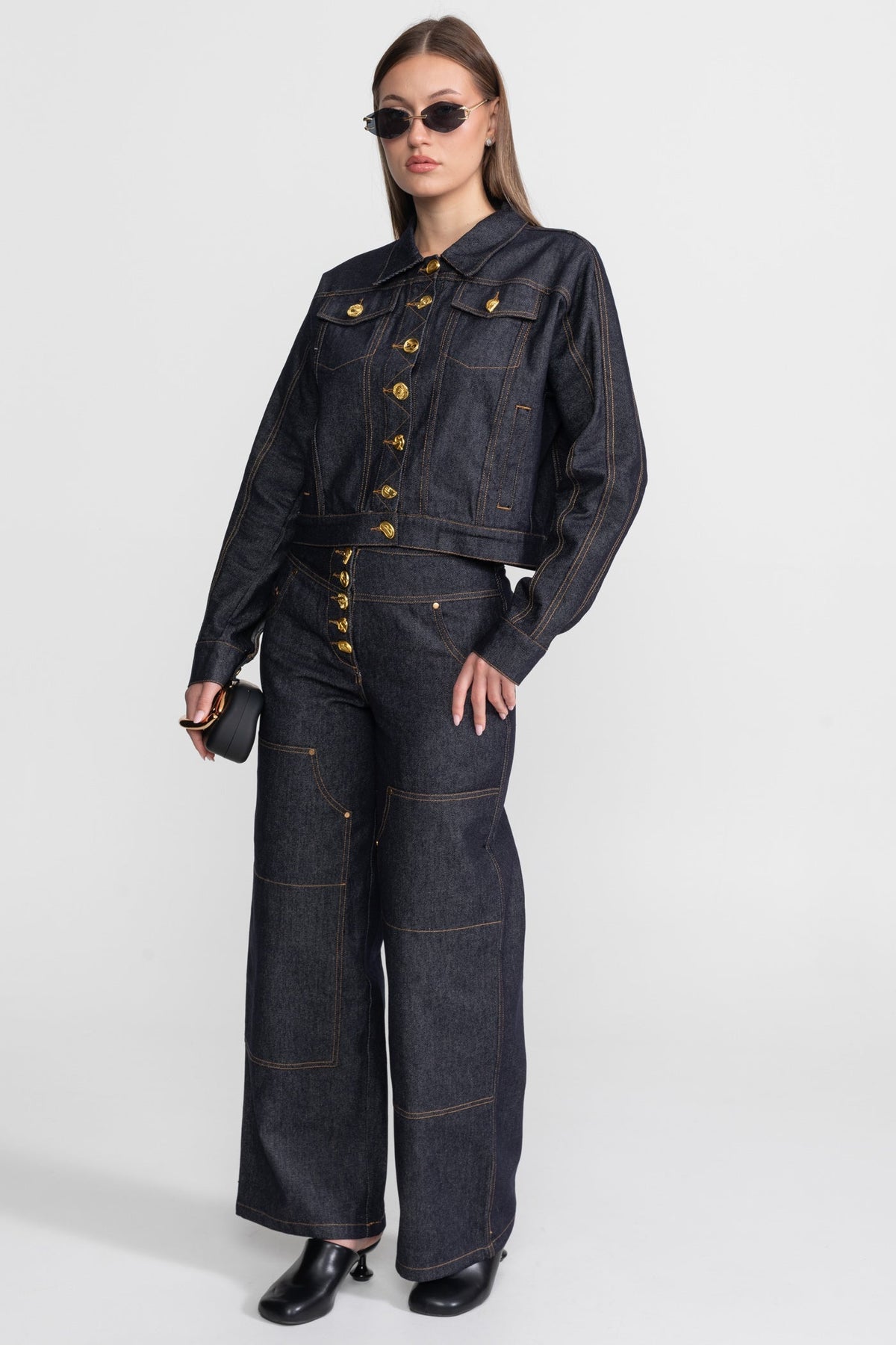 Cropped Denim Jacket and Straight Leg Jeans Set with Gold Buttons – Indigo – view 4