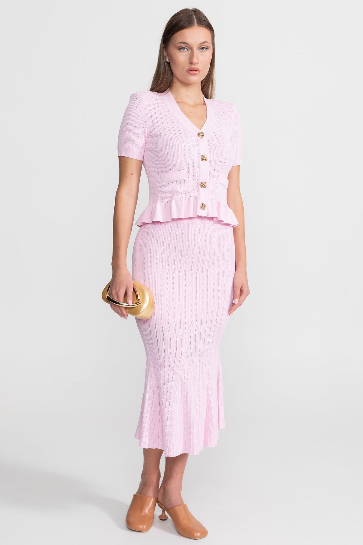 Ribbed Knit Peplum Top and Midi Skirt Co-ord with Gold Buttons – Pink – view 2